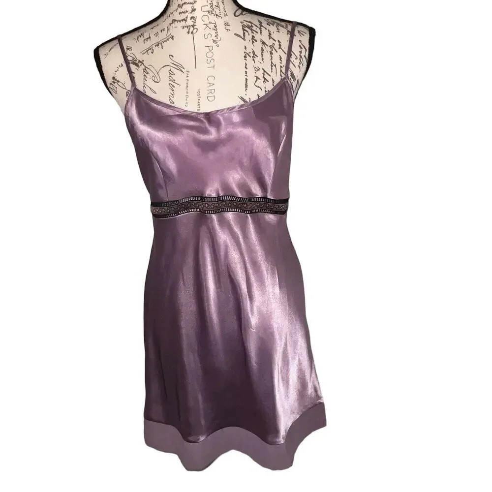 Delicates,S, purple satin lace window pane cut out‎ contrast waistline